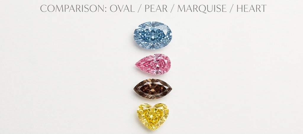 Fancy shape lab grown diamonds including oval pear marquise and heart shapes