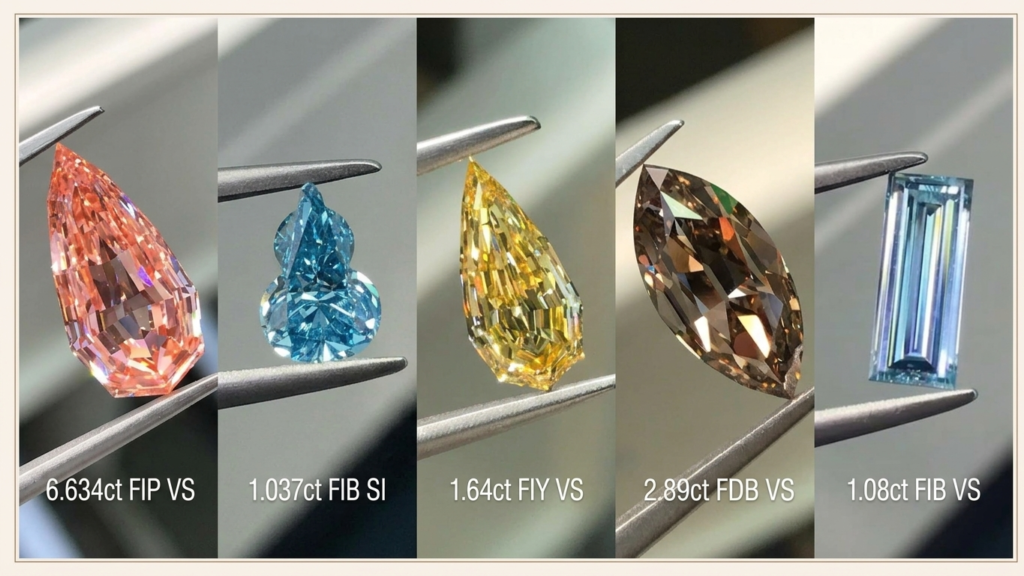 Fancy color diamonds in different shapes and cuts