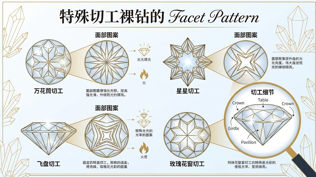 Specialty cut lab grown diamonds with distinctive facet patterns
